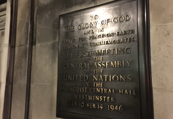 plaque commemorating the first UN General Assembly meeting in London in 1946